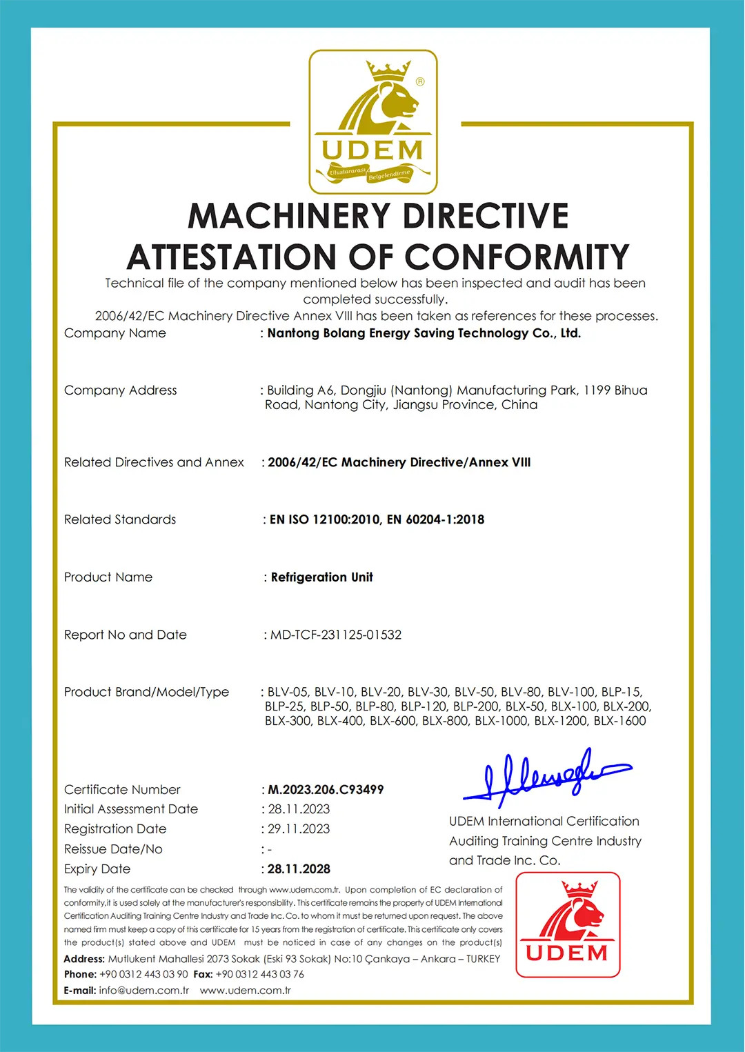 BLG got CE for industry chiller and refrigeration unit